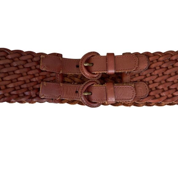 ABERCROMBIE & FITCH Leather Woven Braided Wide Belt Double Buckle Brown L main image 9